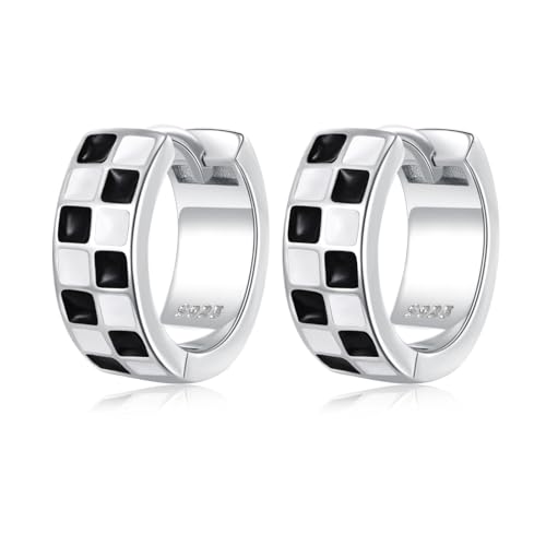 Weiß Schwarz Plaid Hoop Ohrringe für Frauen 925 Sterling Silber Huggie Hoops Hypoallergene Hooped Geschenke Ihr Geburtstag Bff von YFN