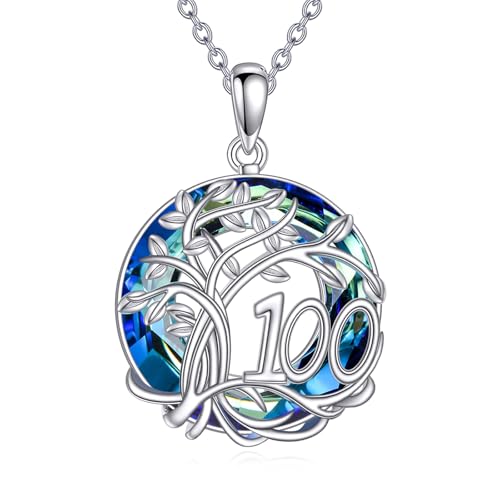 YFN 100 Geburtstag Geschenk Sterling Silber Baum des Lebens Kette Lebensbaum Halskette Anhänger Blau Kristall Schmuck für Damen Mama Oma von YFN