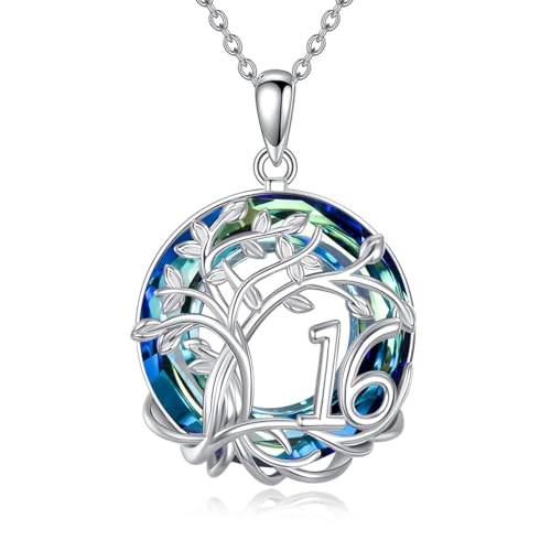 YFN 16 Geburtstag Geschenk Sterling Silber Baum des Lebens Kette Lebensbaum Halskette Anhänger Blau Kristall Schmuck für Damen Mama Oma von YFN