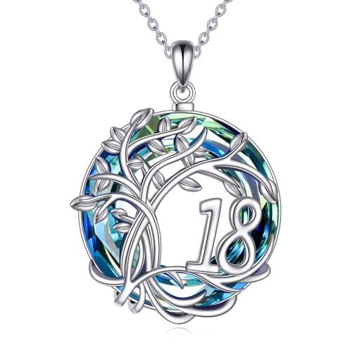 YFN 18 Geburtstag Geschenk Sterling Silber Baum des Lebens Kette Lebensbaum Halskette Anhänger Blau Kristall Schmuck für Damen Mama Oma von YFN