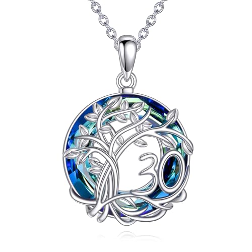 YFN 30 Geburtstag Geschenk Sterling Silber Baum des Lebens Kette Lebensbaum Halskette Anhänger Blau Kristall Schmuck für Damen Mama Oma von YFN