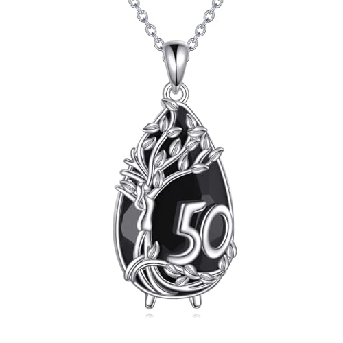 YFN 50th Geburtstag Geschenk Sterling Silber Baum des Lebens Kette Schwarz Turmalin Halskette Lebensbaum Schmuck Jahrestag Geschenk für Mutter Oma Nana YFN 50th Geburtstag Geschenk Sterling Silber Baum des Lebens Kette Schwarz Turmalin Halskette Lebensbaum Schmuck Jahrestag Geschenk für Mutter Oma Nana von YFN