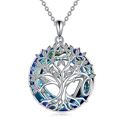 YFN 70th Geburtstag Geschenke für Frauen Sterling Silber Anhänger Baum des Lebens Blau Kristall Halskette Schmuck für Mama Oma von YFN