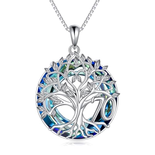 YFN 70. Geburtstag Geschenke für Frauen Sterling Silber Baum des Lebens Halskette mit blauem Kristall Mütter Tag Weihnachten Schmuck Geschenke für Mutter Oma Nana (70th) von YFN