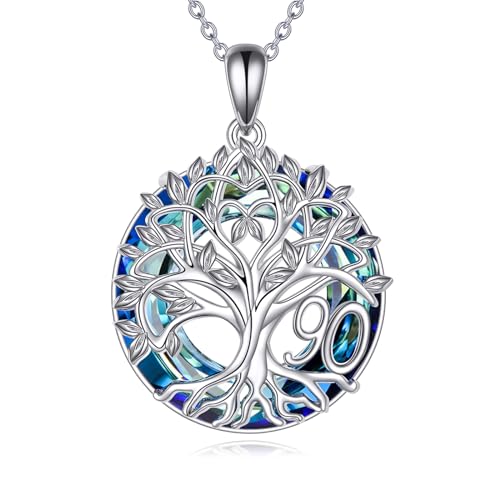 YFN 90. Geburtstag Geschenke Halskette für Oma Sterling Silber Baum des Lebens Halskette mit blauem Kristall Mütter Tag Weihnachten Schmuck Geschenke für Mutter Frauen Frau Frau Freundin(90th) von YFN