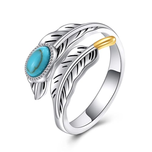 YFN 925 Sterling Silber Ring Feder Ring Türkis Ringe Verstellbare Feder Ring Stacking Ring Vintage Statement Ring für Frauen & Männer (7, green) von YFN