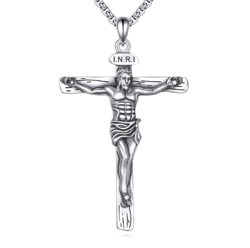 YFN 925 Sterlingsilber Kruzifix Halskette für Männer Frauen Silber Jesus Kreuz Anhänger mit 22"+2" Verstellbarer Kette Taufe, Firmung, Erstkommunion (Hypoallergen) von YFN