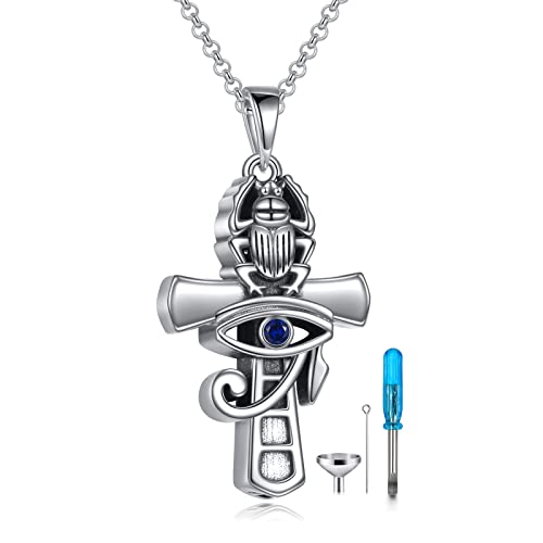 YFN Ankh Kreuz Urne Halskette für Asche Sterling Silber Auge des Horus Kremation Anhänger Kette ägyptischen Keepsake Schmuck Geschenke für Damen Herren von YFN