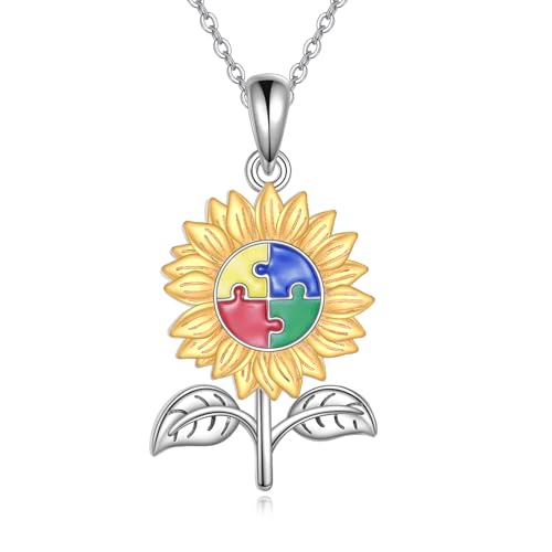 YFN Autismus Bewusstsein Kette Sterling Silber Sonnenblume Autismus Puzzle Stück Anhänger Halskette ASD Autismus Schmuck für Frauen Inspirational Autismus Bewusstsein Geschenke von YFN