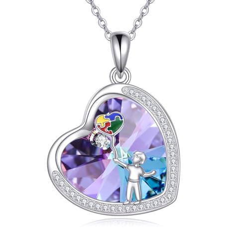 YFN Autismus Bewusstsein Kette Sterling Silber Violetter Kristall Autismus Puzzle Stück Anhänger Halskette ASD Autismus Schmuck für Frauen Inspirational Autismus Bewusstsein Geschenke von YFN