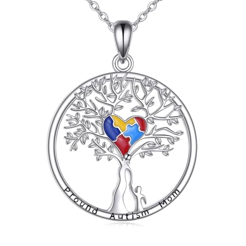 YFN Autismus Mutter Halskette Sterling Silber Baum des Lebens Autismus Mama Anhänger Halskette Autismus Mom Schmuck für Frauen Autismus Bewusstsein Charme Inspirational Autismus Mom Geschenke von YFN