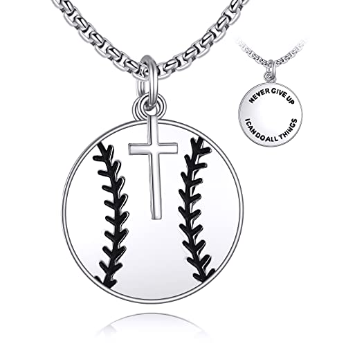 YFN Baseball Halskette Sterling Silber Niemals aufgeben Anhänger Kreuz Schmuck Baseball Liebhaber Geschenke für Damen Herren Jungen Baseballspieler von YFN