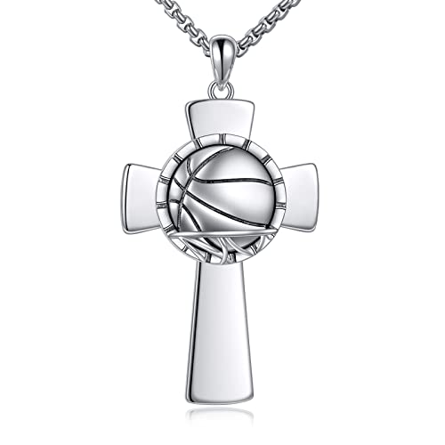 YFN Basketball Kreuz Halskette Sterling Silber Korbball Anhänger Schmuck Basketball Geschenke für Damen Herren Jungen Basketballspieler von YFN
