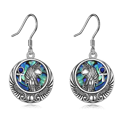 YFN Bastet Göttin Ohrringe Sterling Silber ägyptische Katze Hängend Baumeln Tropfen Ohrringe Abalone Shell Ägypten Schmuck Geschenke für Damen von YFN
