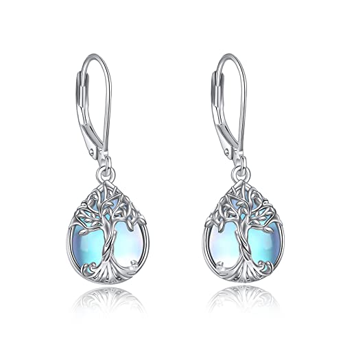 YFN Baum des Lebens Mondstein Ohrringe Leverback 925 Sterling Silber Teardrop Dangle hypoallergene Ohrring für Frauen Mädchen von YFN