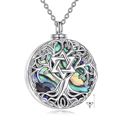 YFN Baum des Lebens Urne Halskette für Asche Sterling Silber Davidstern Lebensbaum Kremation Anhänger Kette Abalone Schale Celtic Keepsake Schmuck Geschenke für Damen Herren von YFN