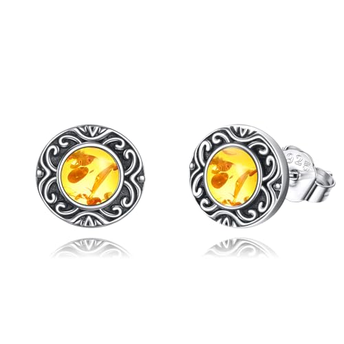 YFN Bernstein Ohrstecker Damen 925 Sterling Silber Lapis Lazuli Ohrringe Stecker Runde Ohrstecker Mit Bernstein Stein Kleine Bernsteinstein Schmuck Gelb Geschenke für Damen Mädchen von YFN