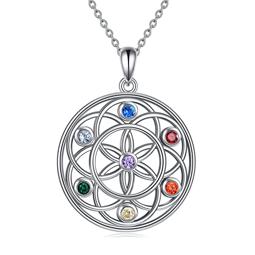 YFN Blume des Lebens Halskette Sterling Silber 7 Chakra Heilung Anhänger Kette Spiritual Yoga Schmuck Lebensblume Geschenke für Damen Mädchen YFN Blume des Lebens Halskette Sterling Silber 7 Chakra Heilung Anhänger Kette Spiritual Yoga Schmuck Lebensblume Geschenke für Damen Mädchen von YFN