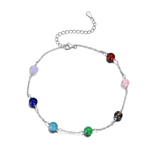 YFN Chakra Achate Fußkettchen für Frauen S925 Sterling Silber Chakra Perle Fußkettchen Strand Schmuck Geschenk (farbig) von YFN