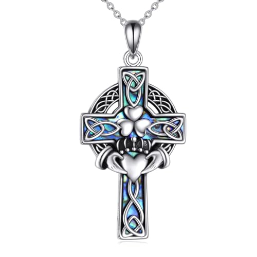 YFN Claddagh Kreuz Halskette Sterling Silber Keltisches Kreuz Anhänger Abalone Shell Kreuz Schmuck Geschenke für Damen Herren von YFN