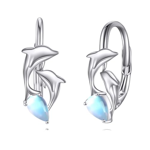 YFN Delfin Creolen Ohrringe Damen 925 Sterling Silber mit Mondstein - Delphin Schmuck Geschenk für Mädchen und Frauen von YFN