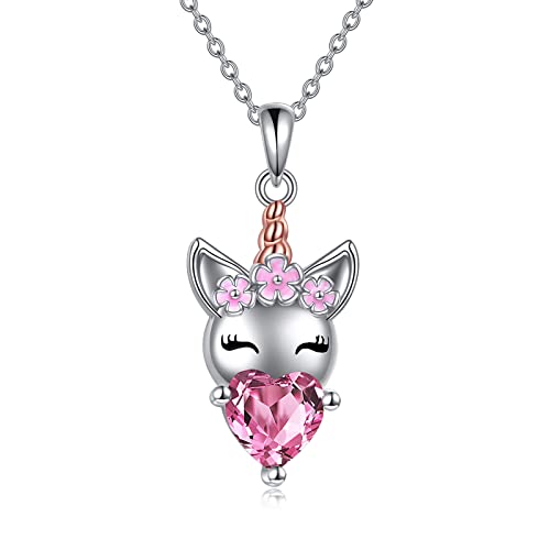 YFN Einhorn-Halskette für Mädchen, Sterlingsilber, Pink, CZ-Stein, Herz-Anhänger, Halskette, Weihnachten, Geburtstag, Party, Schmuck, Einhorn, Geschenk für Teenager-Mädchen (Pink) von YFN