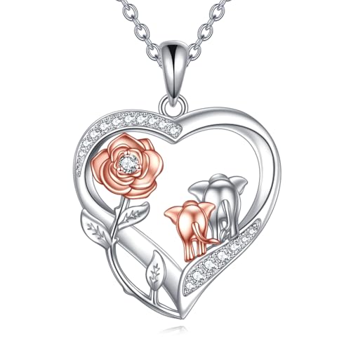 YFN Tiere Halskette 925 Sterling Silber Mutter Tochter Anhänger Familie Modeschmuck Geschenke für Frauen Mädchen (Rose Elefanten) von YFN