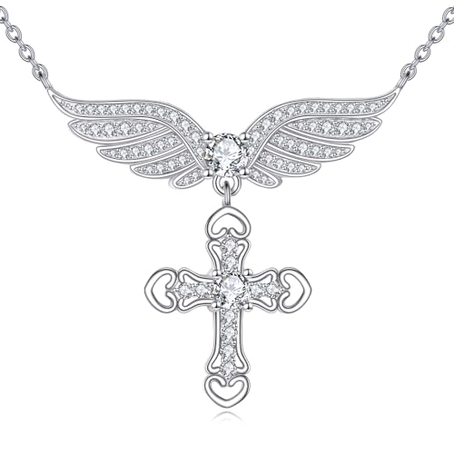 YFN Engelsflügel Halskette 925 Sterling Silber Kreuz Anhänger Quadratisch Kristall Zirkonia Schmuck Geschenk für Frauen Tochter Mutter Freund von YFN