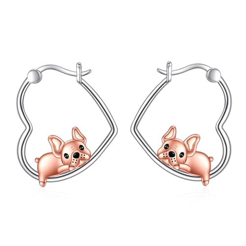 YFN Französisch Bulldogge Ohrringe 925 Sterling Silber Tier Herz Creolen Ohrringe Hängend Tropfen Baumelnder süßer Hund Schmuck Geschenke für Damen von YFN