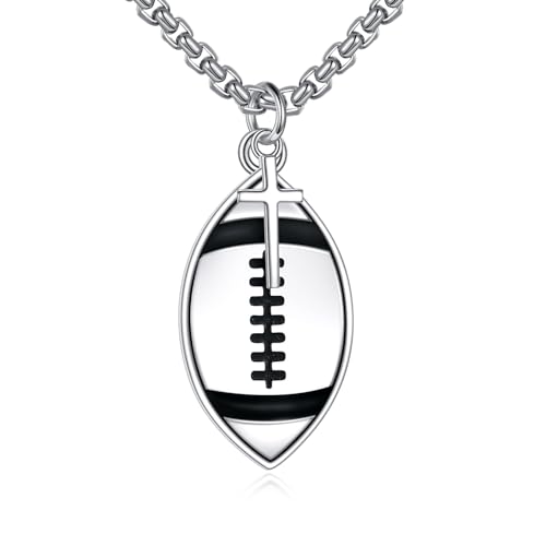 YFN Fußball Halskette Sterling Silber Niemals Aufgeben Anhänger Kreuz Schmuck Fußball Rugby Liebhaber Geschenke für Damen Herren Mädchen Jungen Fußballspieler von YFN