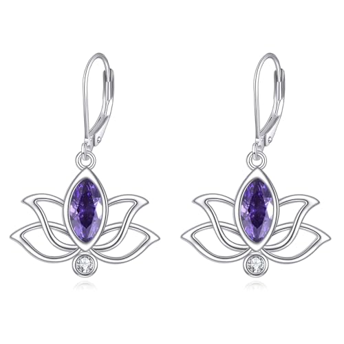 YFN Geburtsstein Lotus Ohrringe für Damen 925 Sterling Silber Lotus Hängend Ohrringe Blume Schmuck Februar Geburtstag Geschenk für Mädchen von YFN