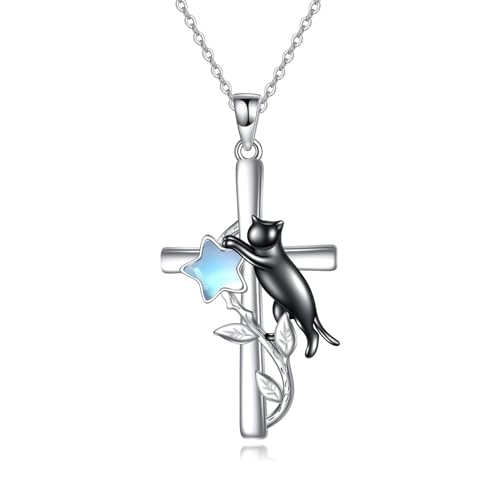 YFN Halskette Schwarze Katze Sterling Silber Anhänger Katze Kette Mond Schmuck Geschenke für Damen Mädchen Mutter Tochter Schwester (Kreuz) von YFN