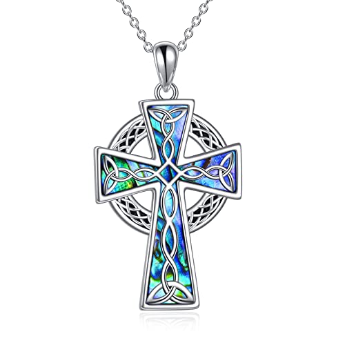 YFN Halskette mit keltischem Kreuz, 925er Sterlingsilber, keltischer Claddagh-Anhänger, Abalone-Muschel, Kreuz, Schmuck, Geschenk für Damen und Herren (Irish Celtic Cross Necklace) von YFN