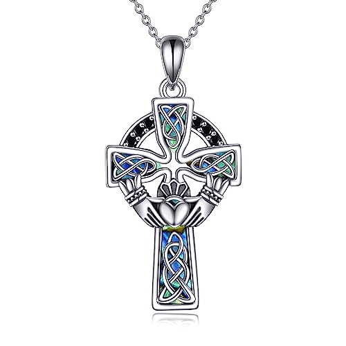 YFN Halskette mit keltischem Kreuz, 925er Sterlingsilber, keltischer Claddagh-Anhänger, Abalone-Muschel, Kreuz, Schmuck, Geschenk für Damen und Herren (Silver-Celtic Cross Claddagh Necklace) von YFN