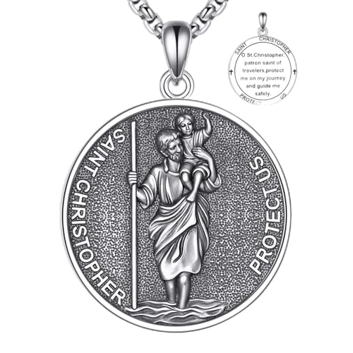 YFN Heiliger Christophorus Halskette 925 Sterlingsilber St. Christophorus Anhänger Schutzpatron der Reisenden Medaillon Katholischer Schutz Schmuck Geschenk für Abschluss, Taufe, Sichere Reise von YFN