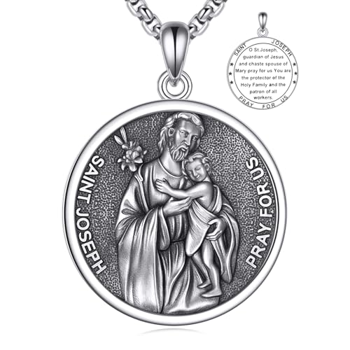 YFN Heiliger Joseph Halskette 925 Sterlingsilber St. Joseph Anhänger Schutzpatron der Arbeiter Väter Familienschutz Katholischer Religiöser Schmuck Geschenk für Väter Abschluss Haussegnung von YFN