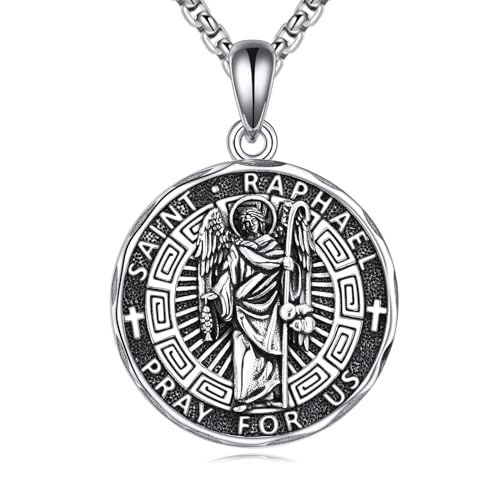 YFN Heiliger Raphael Halskette Sterling Silber Religiöser Beschützer Anhänger St Raphael Schmuck Saint Raphael Geschenke für Damen Herren von YFN