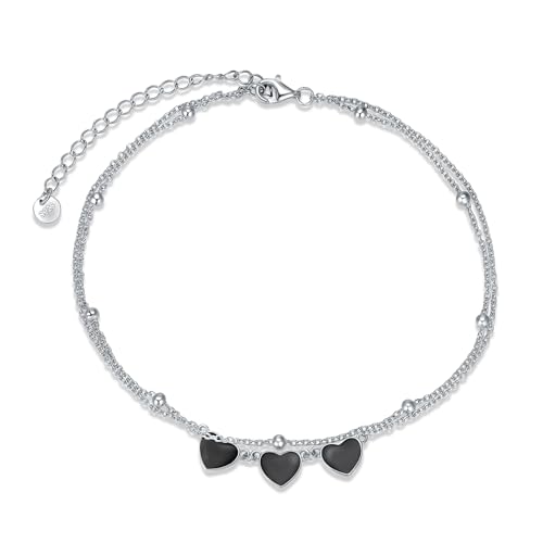 YFN Herz Fußkettchen 925 Sterling Silber Layered Fußkettchen Schwarzes Herz Knöchel Armbänder für Damen Einstellbare Strand Frauen Fussketten Schmuck Geschenke von YFN