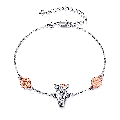 YFN Highland Cow Armband aus 925er Sterlingsilber, verstellbares Kuh-Armband, niedlicher Tierschmuck, Geschenke für Frauen und Mädchen, 17,8 cm + 5,1 cm von YFN