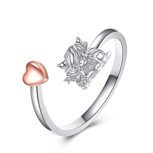 YFN Hochland Kuh Ring Sterling Silber Alpine Cow Einstellbare Open End Ring Hochgebirge Kuh Schmuck Geschenk für Damen von YFN