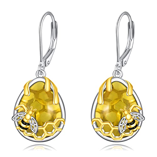 YFN Honeycomb Bee Ohrringe 925 Sterling Silber Bernstein Kristall Teardrop Dangle Drop Leverback Ohrring für Frauen Mädchen von YFN