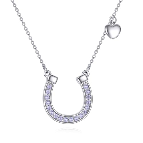YFN Hufeisen Halskette 925 Sterling Silber Geburtsstein Anhänger Pferde Schmuck Geburtstags Geschenk für Damen Mädchen(Juni) von YFN
