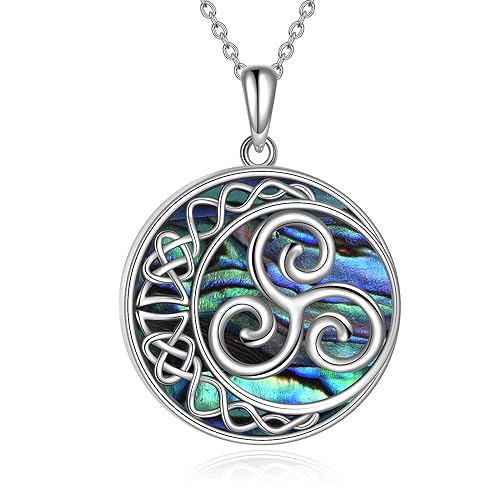 YFN Irischer Schmuck Keltische Knoten Halskette für Frauen Sterling Silber Triskelion Trinity Moon Abalone Shell Anhänger Glückshalskette Wikingerschmuck von YFN