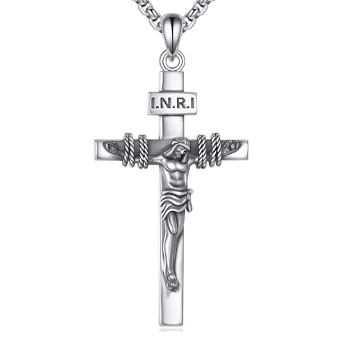 YFN Jesus Kreuz Halskette 925 Sterlingsilber für Männer & Frauen - Detaillierter 3D Korpus Katholisches Kruzifix Anhänger, 22"+2" Verstellbare Kette, Religiöser Schmuck Geschenk für Taufe Kommunion von YFN