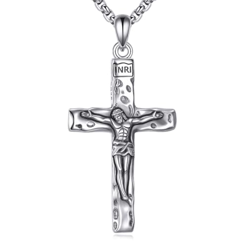 YFN Jesus Kreuz Halskette für Männer 925 Sterlingsilber Kruzifix Anhänger mit 22+2" Verstellbarer Kette Hypoallergener Schmuck Geschenkbox inklusive von YFN