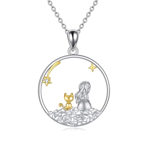 YFN Katze Halskette Sterling Silber Mädchen mit Katze Tier Mond-Anhänger für Frauen (gold) von YFN