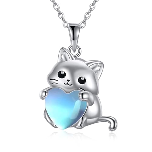 YFN Katze Schmuck Geschenke für Damen Sterling Silber Geburtsstein Katze Halskette Weihnachts Schmuck für Mädchen (silver) von YFN