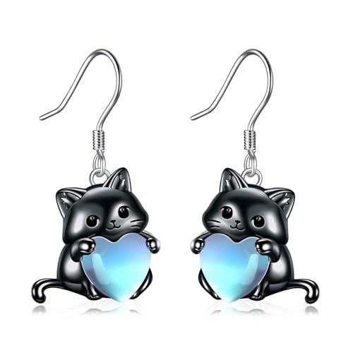 YFN Katze Mondstein-Ohrringe für Frauen Sterling Silber Tiere Katze Ohrstecker für Mädchen (schwarz 2) von YFN
