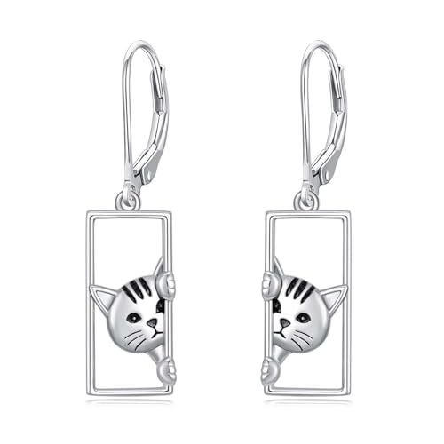 YFN Katze Ohrringe Sterling Silber Katze Leverback Ohrringe Silber Katze Hängend Ohrringe Katze Schmuck für Frauen Mädchen Katze Geschenke für Katzenliebhaber von YFN