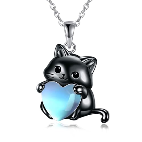 YFN Katze Schmuck Geschenke für Damen Sterling Silber Geburtsstein Katze Halskette Weihnachts Schmuck für Mädchen (black) von YFN